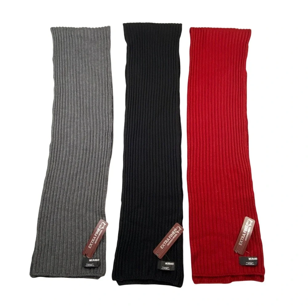 Murano Extra Fine Merino Wool Ribbed Knit Scarf Bundle 3 Pack Black Grey Red NEW